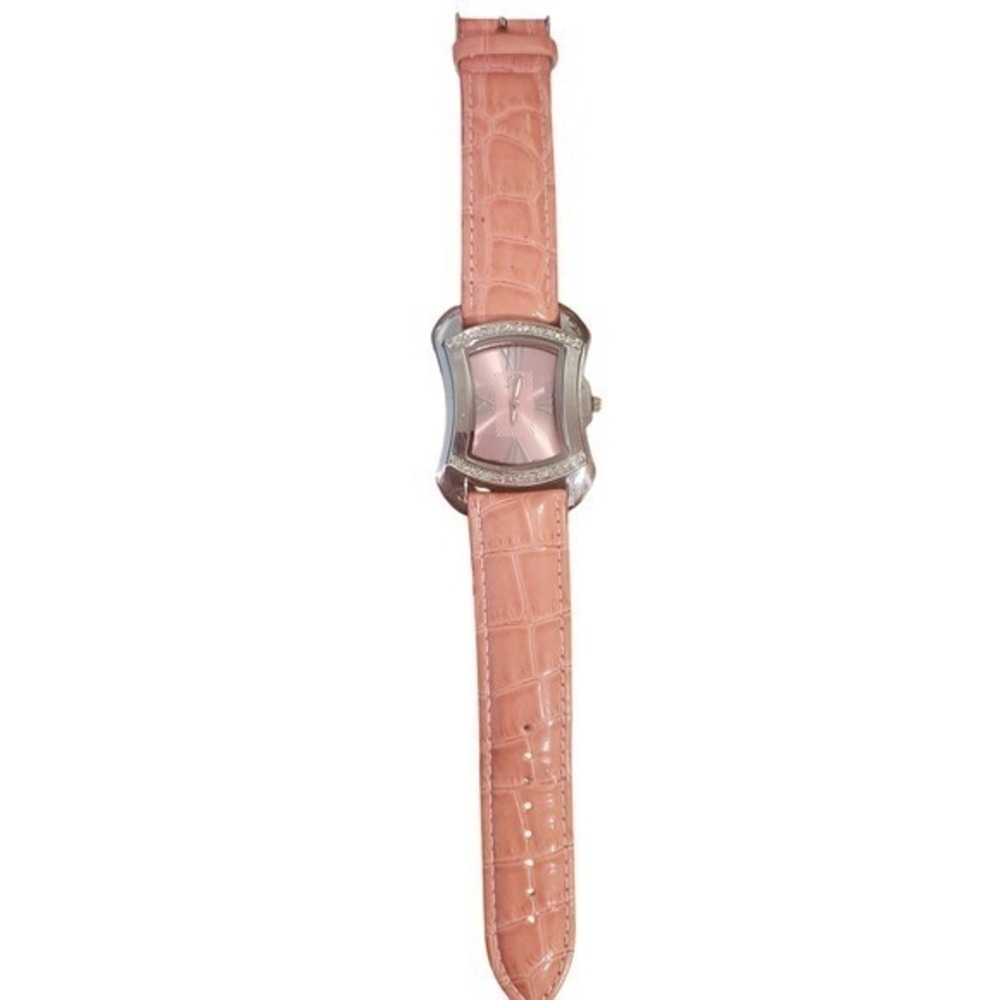 Brighton Rhinestone Bezel Pink Croco Embossed Genuine Leather Strap Watch Women - Picture 2 of 6